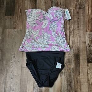 Freshwater Fine Lilac Twist Bandeaukini & Black Crossover High Waist Bottom Med